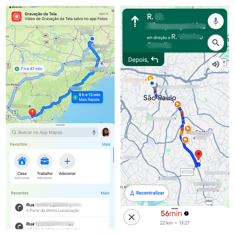 Tela de rotas da AirTag (D) e da Galaxy SmartTag 2; dispositivo da Samsung usa Google Mapas (Imagem: Canaltech)