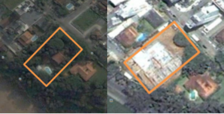 Imagens aéreas anexadas ao processo mostram a diferença na mata entre os anos de 2003 e 2013, com a construção do edifício