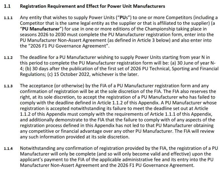 Extrato do regulamento de motores que fala da entrada de novos fabricantes