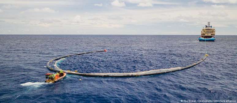 Membros da ONG The Ocean Cleanup arrastam gigantescas redes em formato de U nos locais onde o lixo se acumula