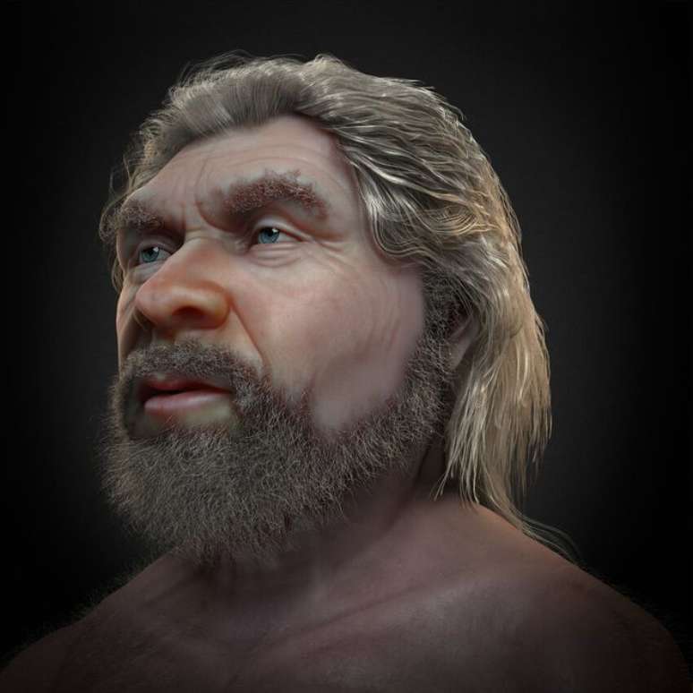 Os traços do antigo neandertal mostram cabelos grisalhos, feição idosa e um semblante próximo ao de humanos modernos, longe do estereótipo bruto que se tem da espécie (Imagem: Moraes et al./Research Gate)