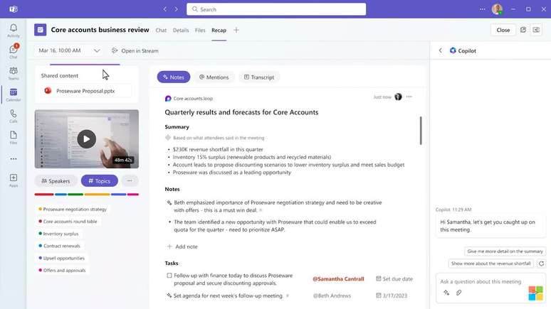 Copilot no Teams poderá converter detalhes de reuniões em arquivos do Whiteboard (Imagem: Reprodução/Microsoft)