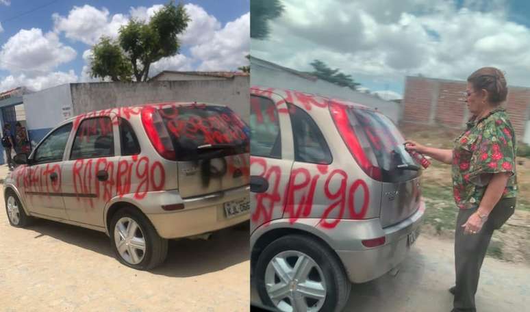 Maria das Graças Mendes pichando um veículo que está estacionado em uma rua.