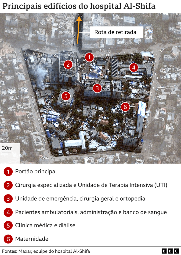 Arte feita a partir de imagem de sat&eacute;lite mostra localiza&ccedil;&atilde;o de edif&iacute;cios no hospital Al-Shifa em Gaza