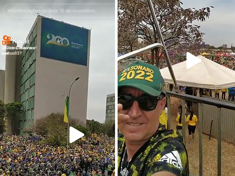 Do lado esquerdo, frame do vídeo mostra painel de comemoração do Bicentenário da Independência; do direito, homem com boné escrito ‘Bolsonaro 2022’