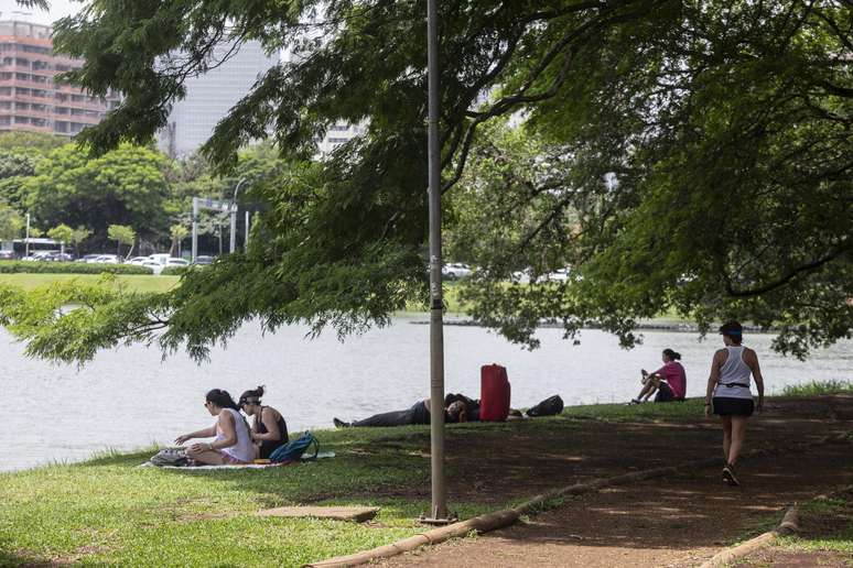  Pedestres aproveitam mais um dia de calor no Parque do Ibirapuera, em São Paulo, na tarde desta quinta-feira, 16 de novembro de 2023. 