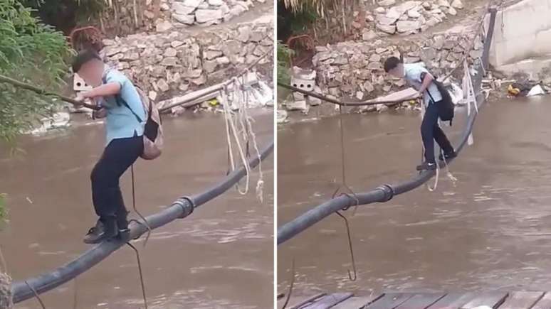 Para ir à escola, crianças usam cano para atravessar rio cheio de jacarés