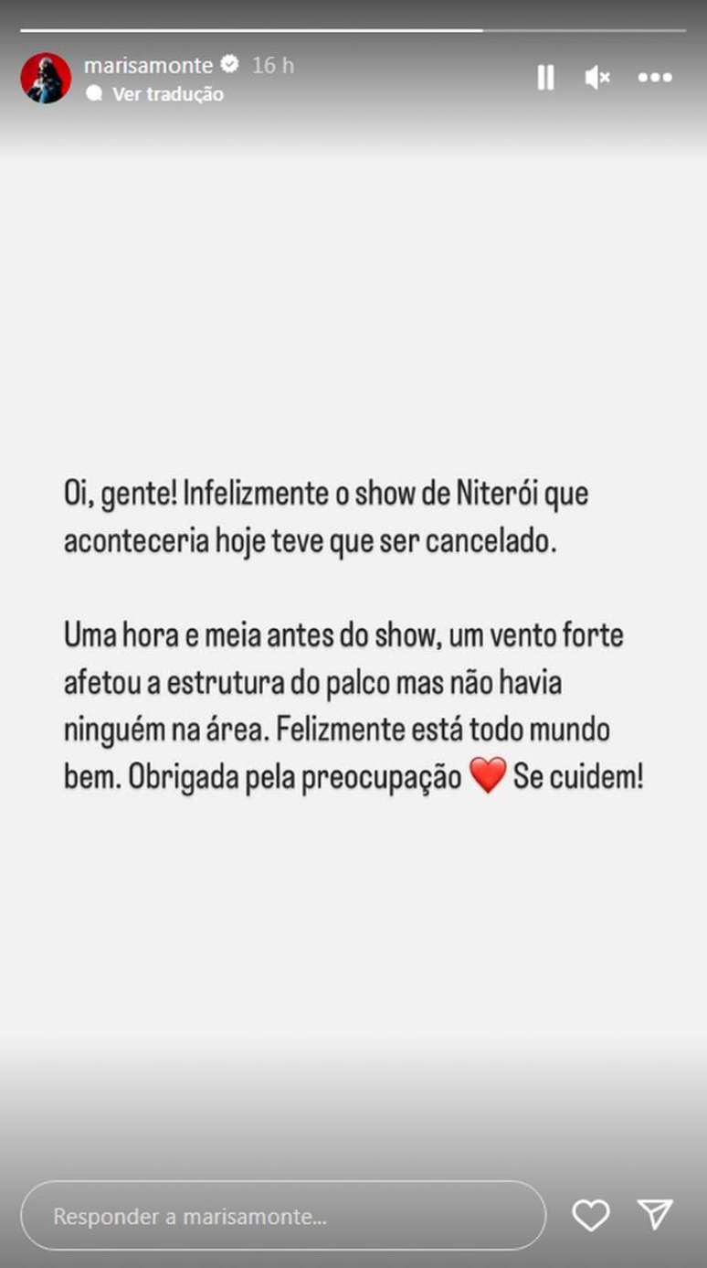 Pronunciamento de Marisa Monte após palco em que se apresentaria desabar em Niterói-RJ
