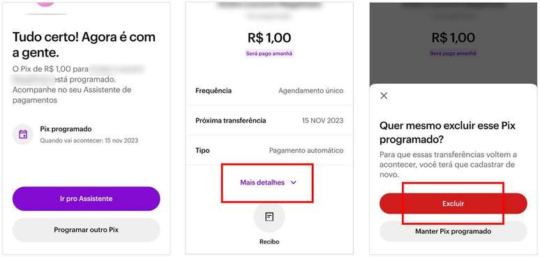 Nubank permite cancelar o Pix agendado a partir do assistente de pagamentos (Imagem: Captura de tela/André Magalhães/Canaltech)