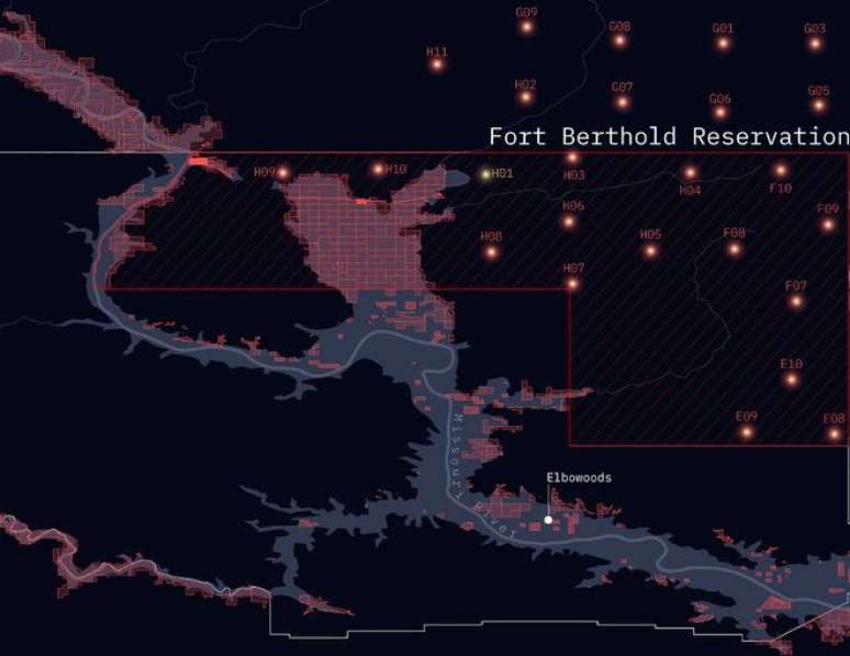 Mapa da reserva Fort Berthold, lar das Três Tribos Afiliadas e de onde quinze silos de mísseis nucleares (Imagem: Reprodução/Svitlana Lavrenchuk/The Missiles on our Land)