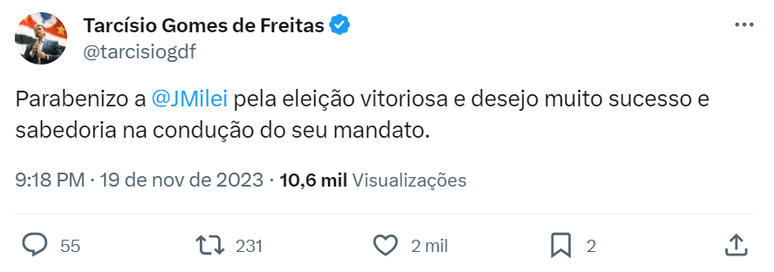 Tuíte de Tarcisio de Freitas sobre a vitória de Milei