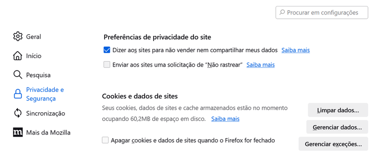 Nova opção de configuração sobre uso de dados pessoais pelos sites visitados no Firefox 120 (Imagem: Captura de Tela/Guilherme Haas/Canaltech)