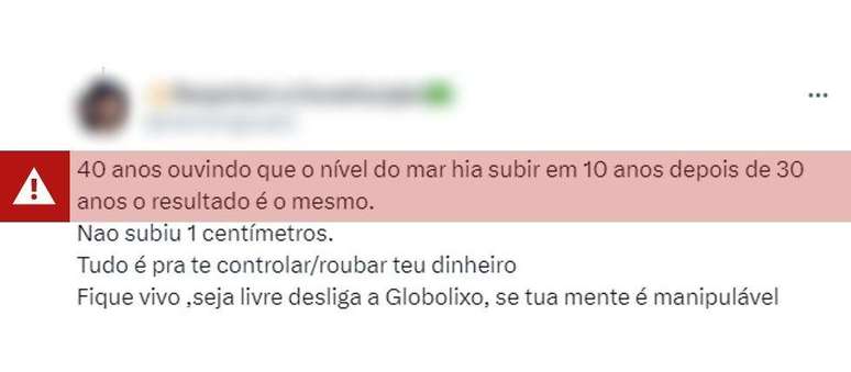 Captura de tela de uma postagem no X, antigo Twitter, sugerindo erroneamente que o n&iacute;vel do mar n&atilde;o est&aacute; subindo como resultado do aquecimento global
