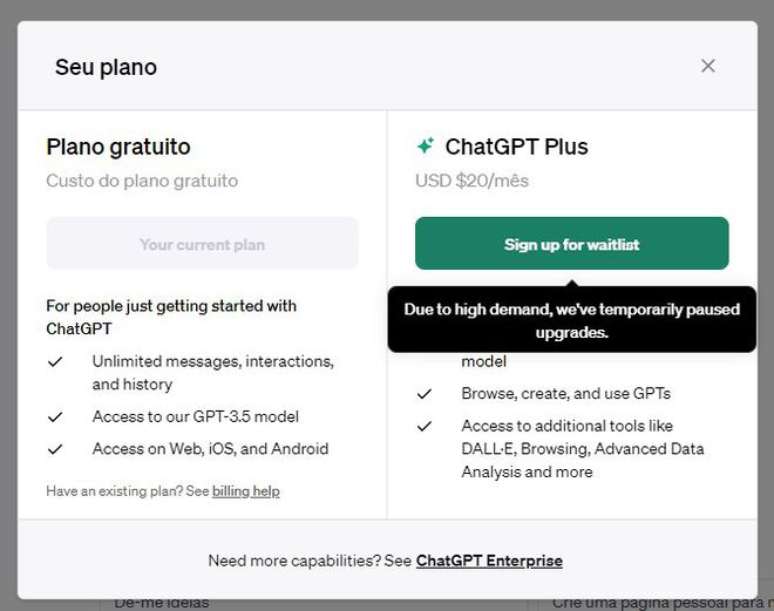 Novas assinaturas do ChatGPT Plus estão suspensas desde o dia 15 de novembro, sem previsão de retorno (Imagem: Captura de tela/Felipe Demartini/Canaltech)