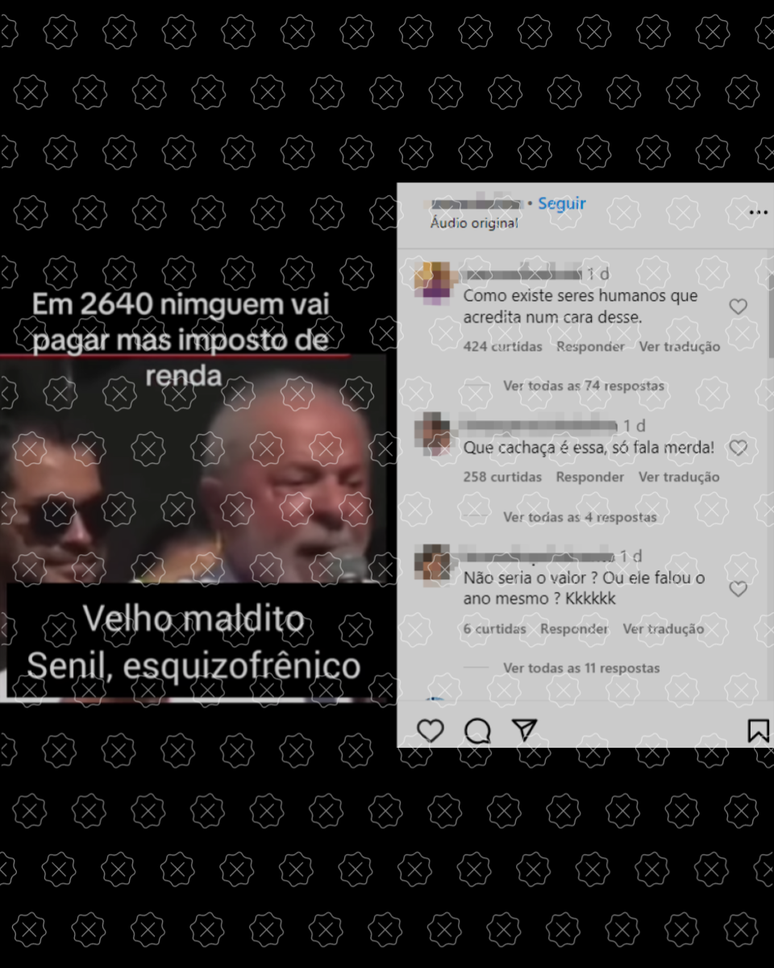 Captura de tela mostra publicação que edita e tira de contexto trecho de discurso do Lula (PT) sobre nova faixa para isenção do Imposto de Renda