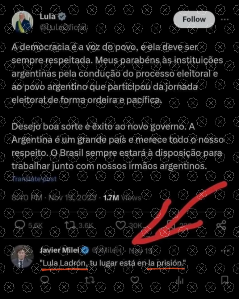 Tweet de Lula falando sobre a democracia ter sido respeitada na Argentina é acompanhado de mensagem falsa de Javier Milei