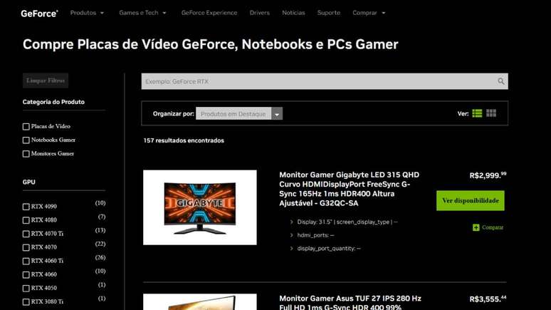 A GeForce Store dispõe um catálogo completo de produtos da Nvidia disponíveis em lojas parceiras.