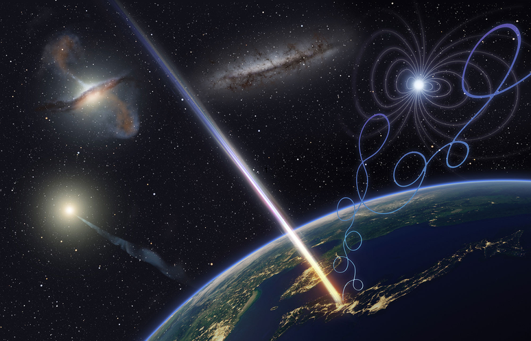 Representação de raios cósmicos energéticos atingindo a Terra (Imagem: Reprodução/OSAKA METROPOLITAN UNIVERSITY/KYOTO UNIVERSITY/RYUUNOSUKE TAKESHIGE)