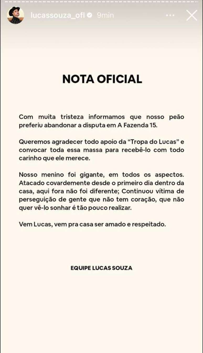 Lucas Souza se pronuncia após desistir de 'A Fazenda 2023'