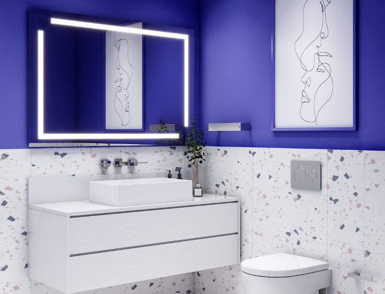 32. Banheiro feminino: porcelanato confete + parede azul royal – Foto: Crismoe
