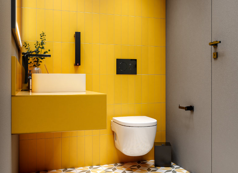 29. Banheiro feminino: o amarelo tornou o espaço mais alegre e moderno – Foto: Crismoe