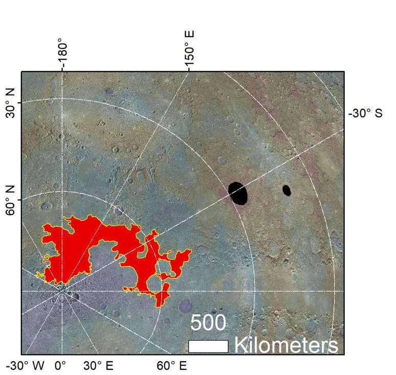 Crateras Raditladi e Eminescu, onde foram identificadas evidências de possíveis geleiras. 