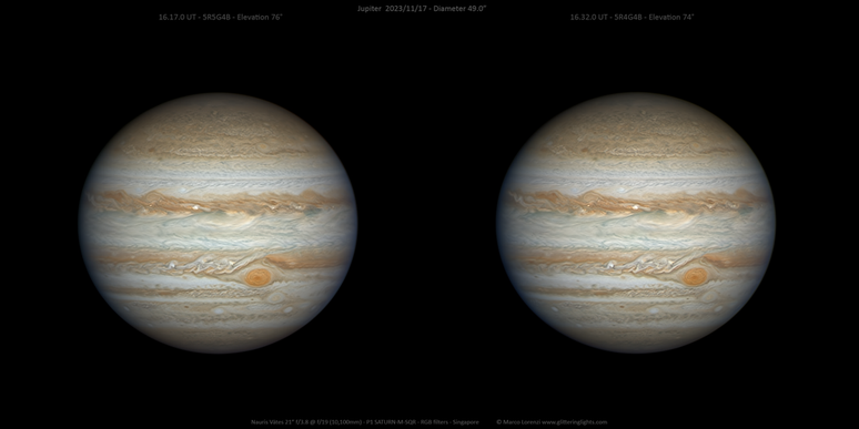 Júpiter fotografado após chegar à oposição em novembro (Imagem: Reprodução/Marco Lorenzi)