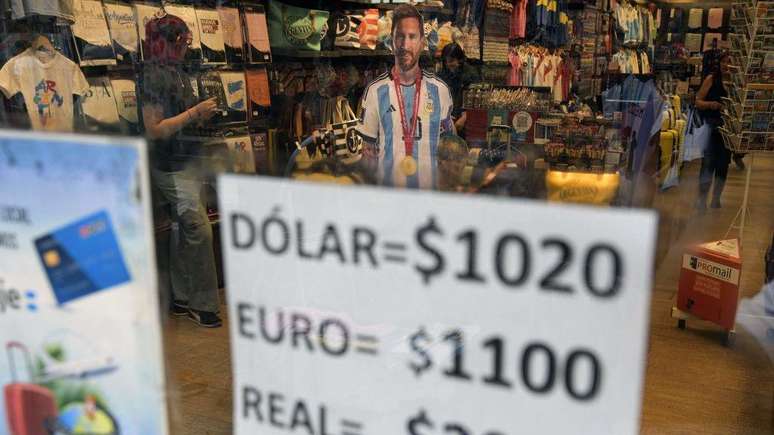 Placa em loja com cotações do dólar, euro e real