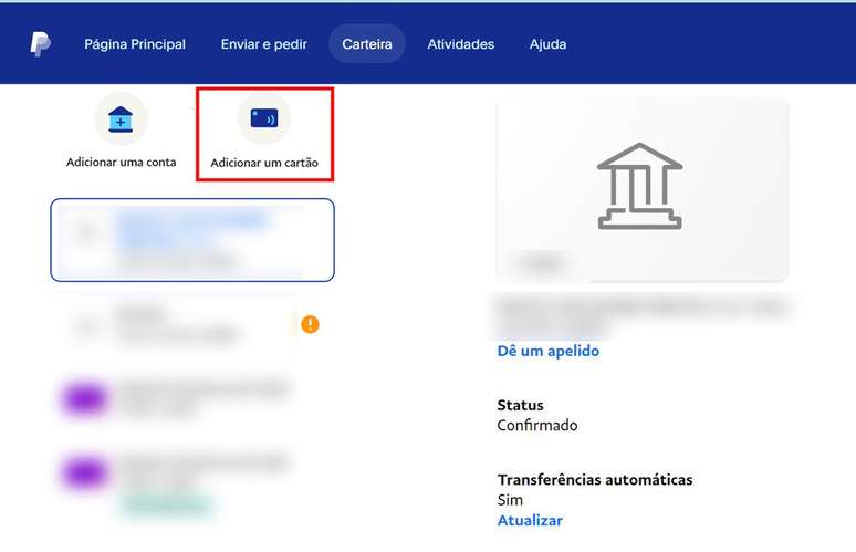 Cadastre um cartão no PayPal para usá-lo em compras (Imagem: Captura de tela/André Magalhães/Canaltech)