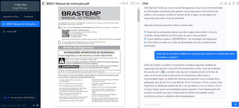 Você pode usar o ChatPDF para transformar um PDF em um chatbot inteligente (Imagem: Captura de tela/Fabrício Calixto/Canaltech)