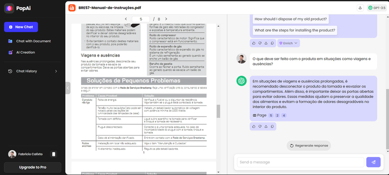 Você pode usar o PopAi para criar um chat dentro de um arquivo PDF com bastante facilidade (Imagem: Captura de tela/Fabrício Calixto/Canaltech)