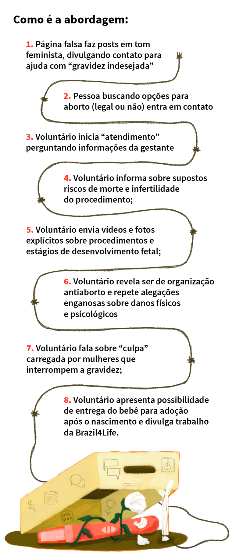Fluxograma mostra como é a abordagem dos voluntários da Brazil4Life com as mulheres (Luiz Fernando Menezes/ Aos Fatos)