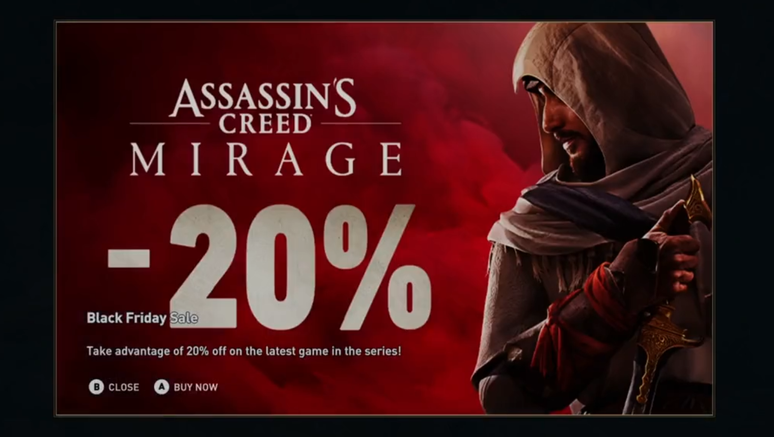 O anúncio de Assassin's Creed: Mirage ocupava toda a tela.