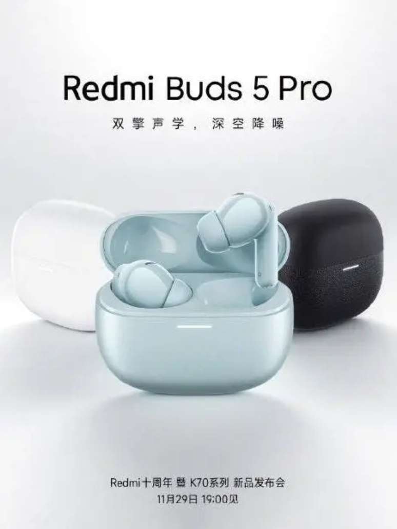 Os Redmi Buds 5 Pro se destaca com o cancelamento de ruído ativo poderoso e autonomia de até 40 horas.