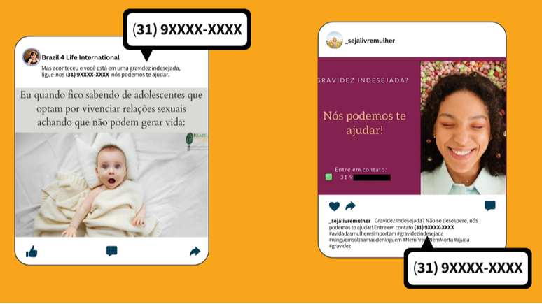 Montagem de publicações em redes sociais de organização anti-aborto e página falsa que compartilharam o mesmo telefone para contato.