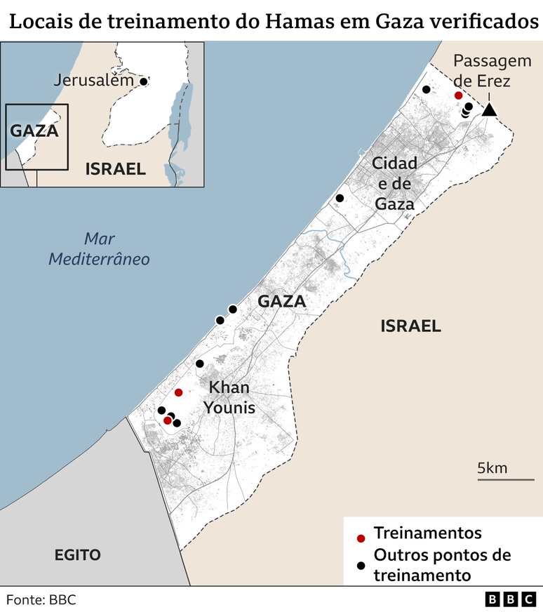 Mapa dos locais de treinamento do Hamas