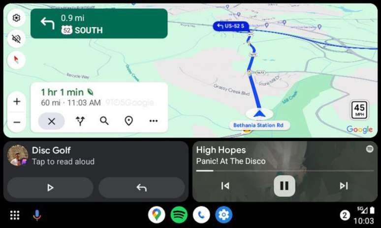 Atualização do Google Maps traz novos visuais também ao Android Auto, com maior destaque para a rota e cores mais sutis para o mapa (Imagem: Divulgação/Google)