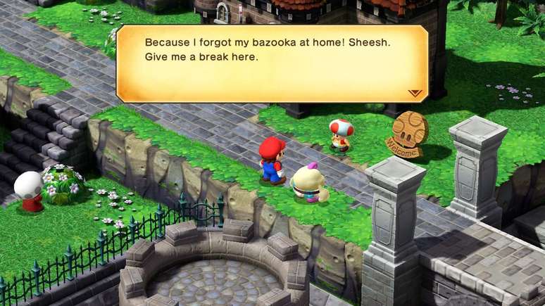 O elogiado humor de Super Mario RPG depende dos diálogos e tradução em português era essencial para tornar isso mais acessível a todo tipo de jogador (Imagem: Captura de Tela/Canaltech/Durval Ramos)