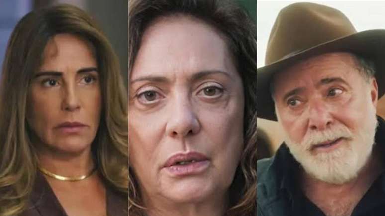 Irene (Gloria Pires), Agatha (Eliane Giardini) e Antônio (Tony Ramos) em 'Terra e Paixão'. Reprodução/ Globo