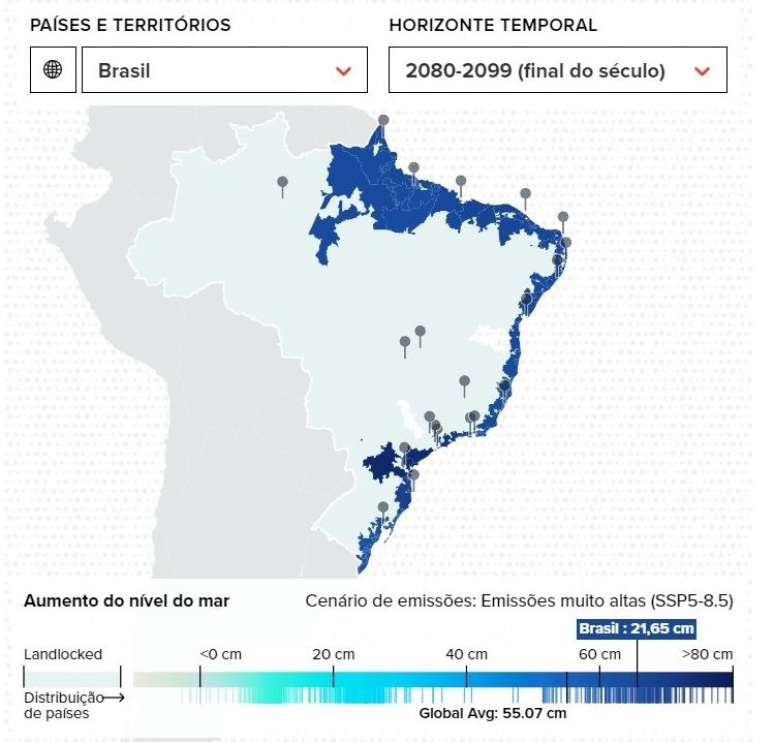 Partes do Rio de Janeiro e de Santos ficarão submersas até 2100 (Imagem: Human Climate Horizons/ONU)