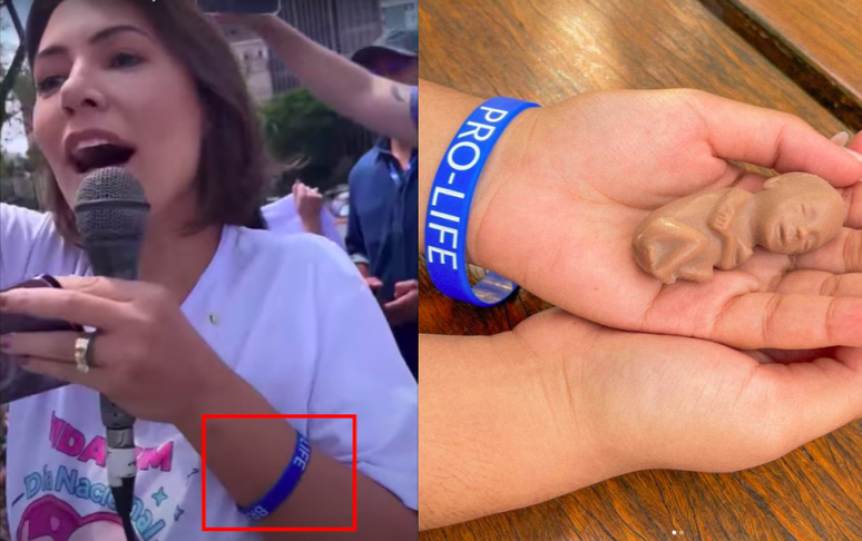 Michelle Bolsonaro usou pulseira promocional da Brazil4Life durante evento em BH.