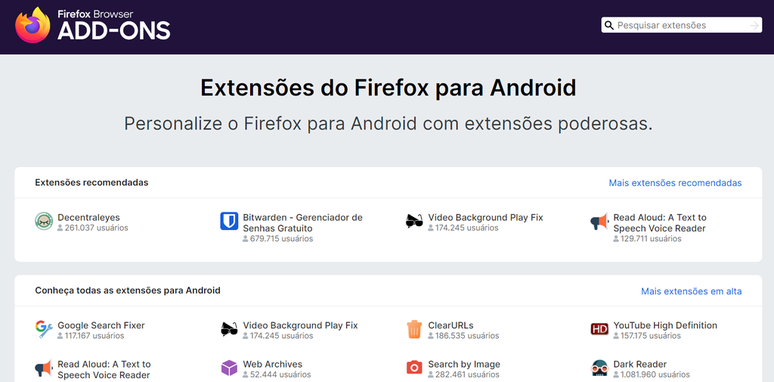 Página da Mozilla disponibiliza primeiras extensões Android para o Firefox no novo ecossistema aberto (Imagem: Captura de Tela/Guilherme Haas/Canaltech)