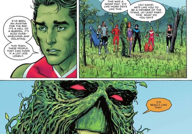 Novo Monstro do Pântano gosta da abordagem dos Titãs e aceita fazer parte da equipe (Imagem: Reprodução/DC Comics)