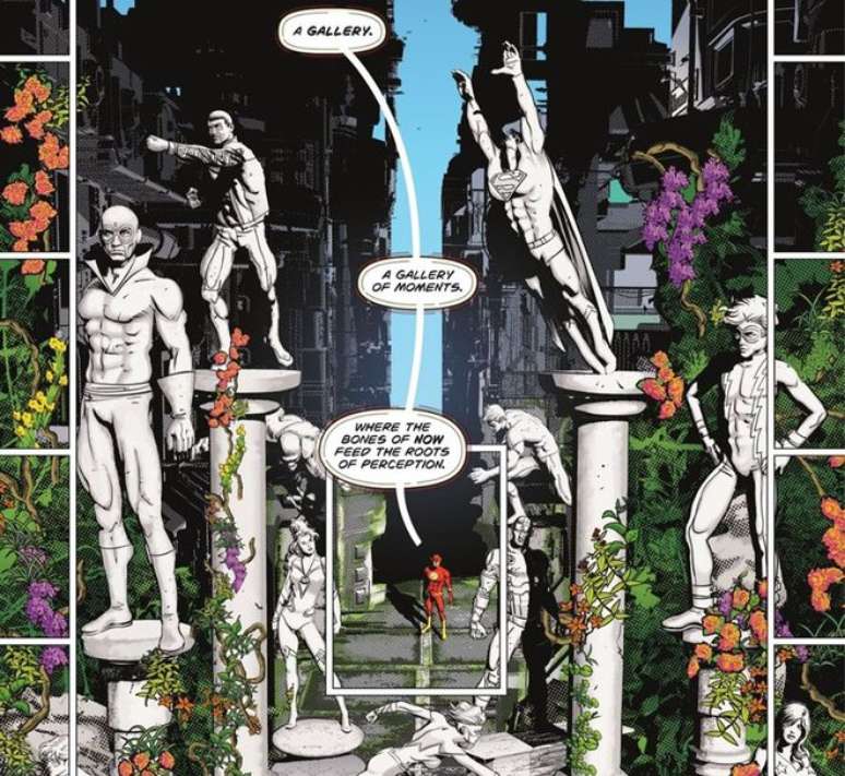 Flash acaba em um ambiente sereno repleto de estátuas de seus entes queridos, em uma espécie de “galeria de momentos” (Imagem: Reprodução/DC Comics)