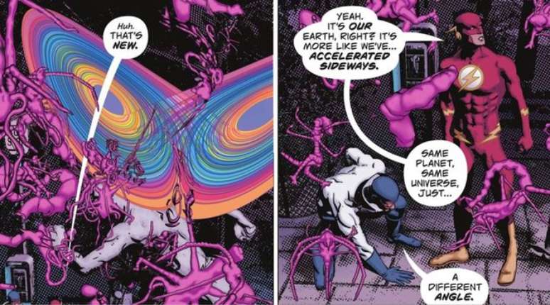 Max Mercury aparece para ajudar a examinar a recente superpotência do Flash, combinando sua aura com a de Wally (Imagem: Reprodução/DC Comics)