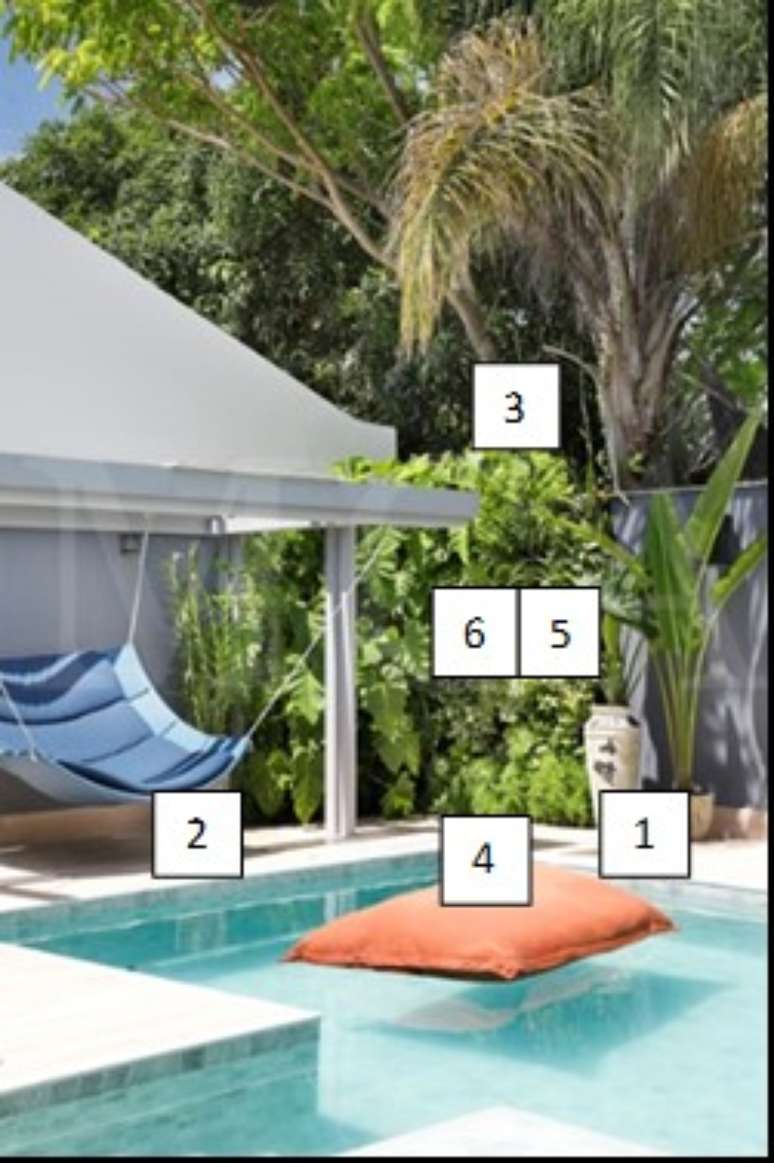 Nos vasos (organne): 1- Ravenala / 2- orqu&iacute;dea bambu. No vertical: 3 - Filodendro wilsonii / 4- Aspargo / 5- Peper&ocirc;mia / 6 - D&oacute;lar.