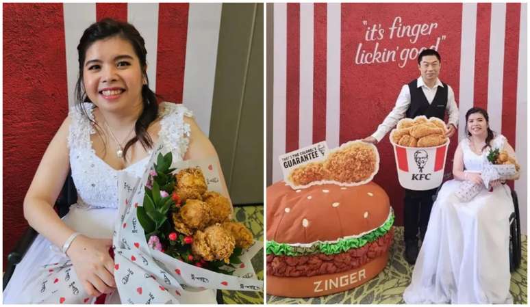 Mulher se casa com buquê de coxinhas de frango frito