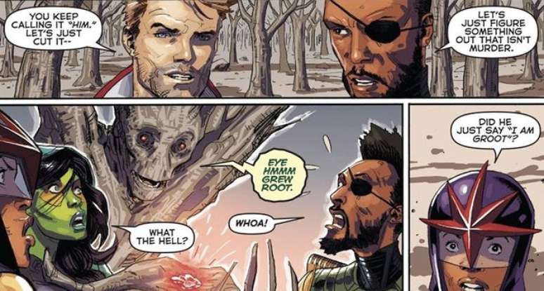 Groot apenas repete algumas dessas palavras: “eye hmmm grew root” (algo como “olho hmm cresceu raiz”) (Imagem: Reprodução/Marvel Comics)