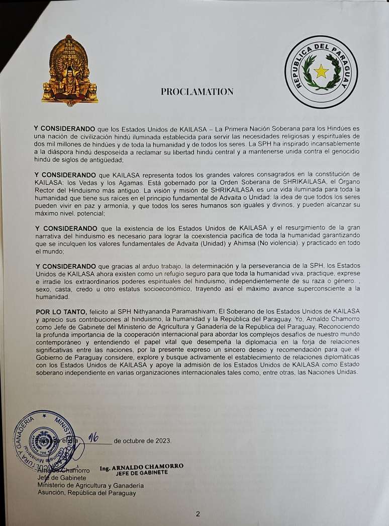 Chefe de gabinete de minist&eacute;rio no Paraguai assina documento em coopera&ccedil;&atilde;o com pa&iacute;s fict&iacute;cio