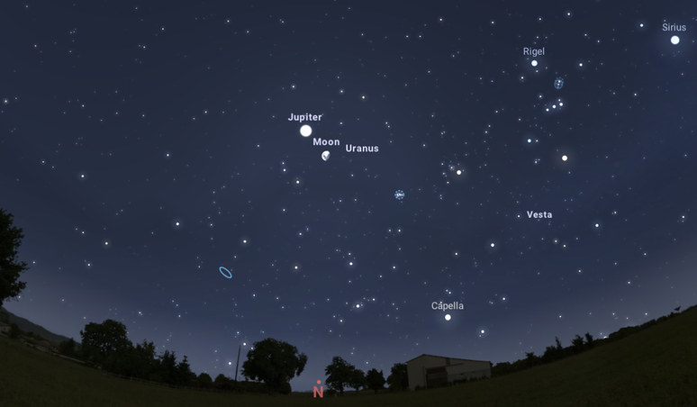 Representação da Lua e Júpiter visíveis por volta das 20h40 na direção norte por um observador em São Paulo (Imagem: Captura de tela/Stellarium)